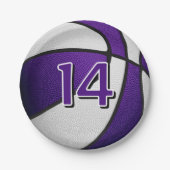 紫の白いバスケットボール誕生日パーティー ペーパープレート (正面)