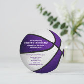 紫の白いバスケットボール誕生日パーティー 案内状 (スタンド正面)