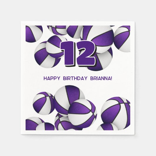 紫の白いバスケット男の子の女の子スポーツパーティー スタンダードカクテルナプキン (正面)