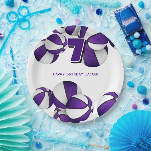 紫の白いバスケット男の子の女の子スポーツパーティー ペーパープレート (パーティー)