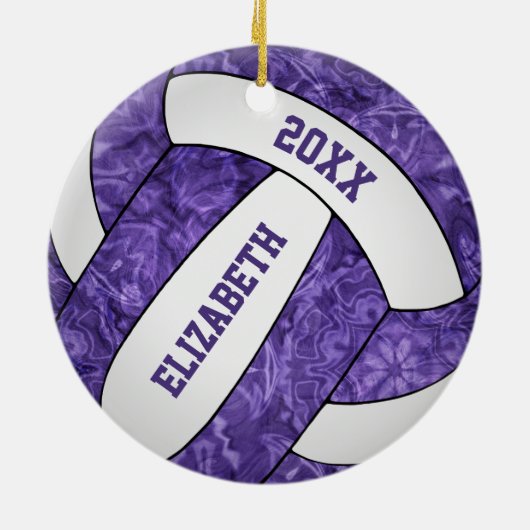 紫の白いパーソナライズされた女子バレーボール セラミックオーナメント (裏面)