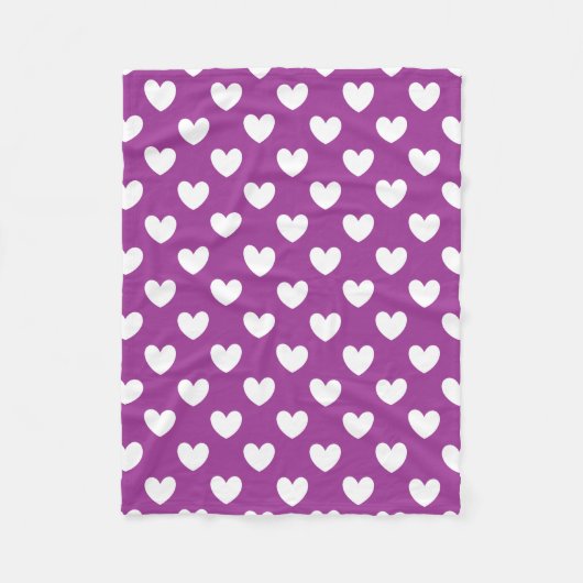 紫の白いポルカハート フリースブランケット (正面)