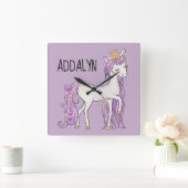 紫の白い一角獣ティアラ スクエア壁時計 (ホーム)