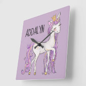 紫の白い一角獣ティアラ スクエア壁時計 (傾斜)