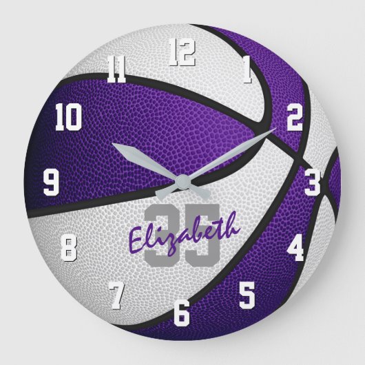 紫の白い女の子の男の子バスケパーソナライズされたット ラージ壁時計 (正面)