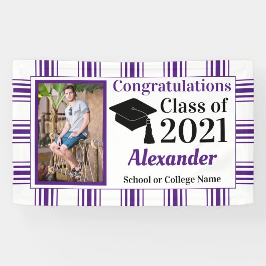 紫の白い格子縞の学校のカラー卒業 横断幕 (横)