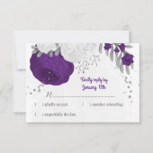 紫の白い花の銀色の植物結婚の 出欠カード (正面)