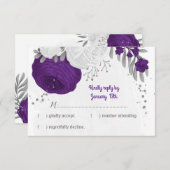 紫の白い花の銀色の植物結婚の 出欠カード (正面/裏面)