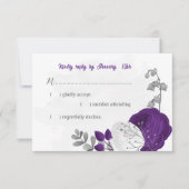 紫の白い花の銀色の植物結婚の 出欠カード (正面)