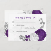 紫の白い花の銀色の植物結婚の 出欠カード (正面/裏面)