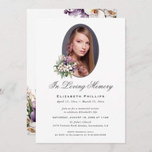 紫の白い蘭のフローラ写真を愛の記憶に 招待状 (正面/裏面)