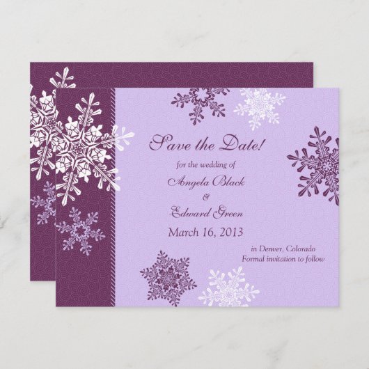 紫の白い雪の結晶の冬の日付を保存 セーブザデート (正面/裏面)