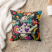 紫の白うさぎオンカラフルフローラ クッション (ブランケット)