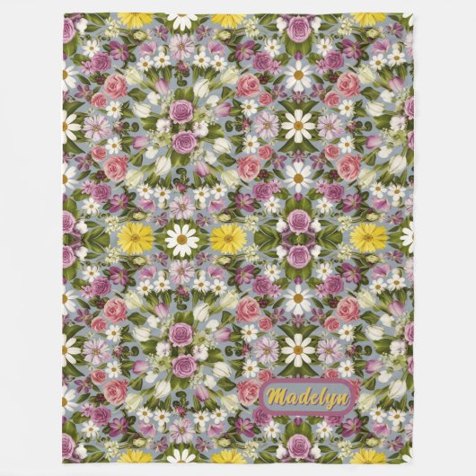 紫の白とピンクの花 フリースブランケット (正面)