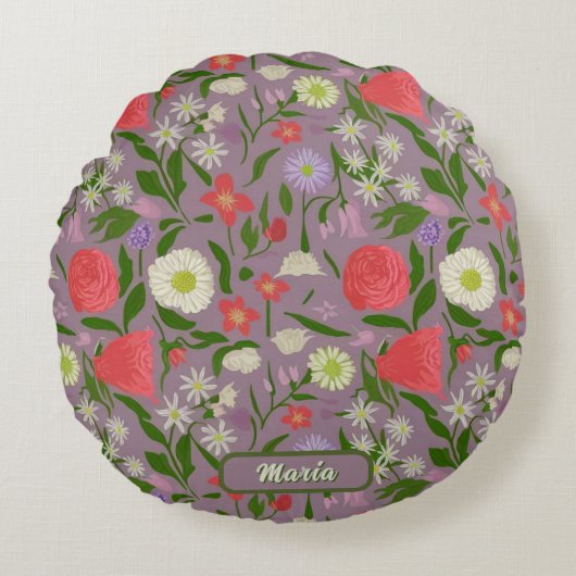 紫の白とピンクの花 ラウンドクッション (正面)