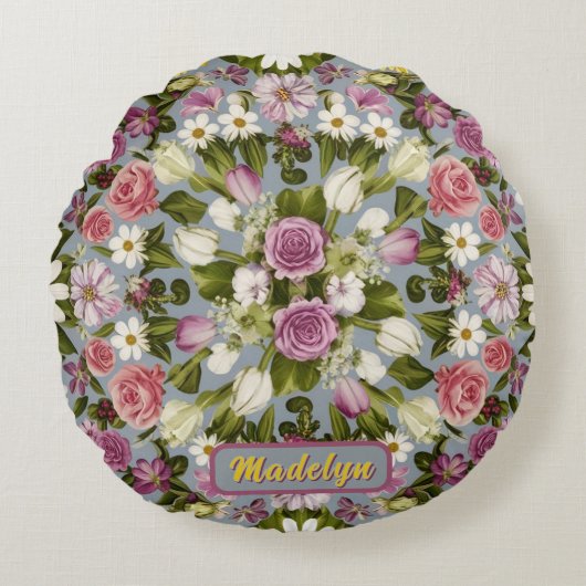 紫の白とピンクの花 ラウンドクッション (正面)
