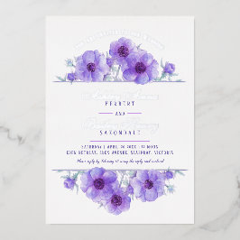 紫の白アネモンフローラの結婚水色 箔招待状