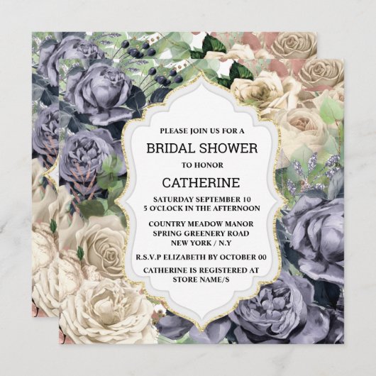 紫の白バラの花のエレガントヴィンテージ 招待状 (正面/裏面)