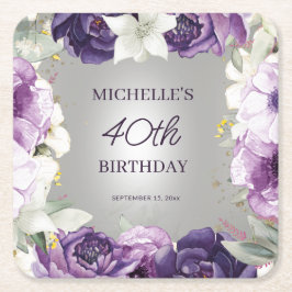 紫の白フローラ40歳の誕生日 スクエアペーパーコースター