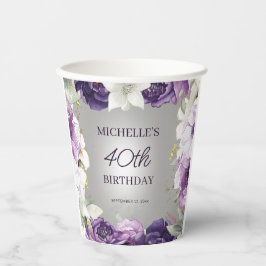 紫の白フローラ40歳の誕生日 紙コップ