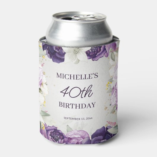 紫の白フローラ40歳の誕生日 缶クーラー (缶正面)
