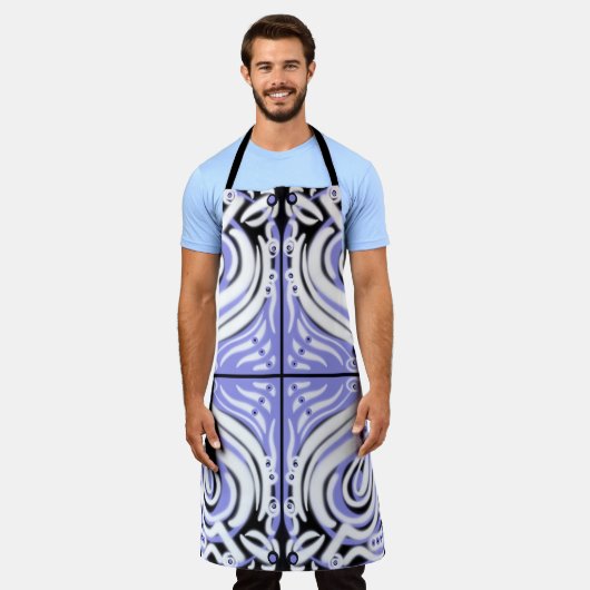 紫の白黒カーリー抽象芸術パターン エプロン (着用した状態)