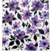 紫の白黒フローラ水彩 シャワーカーテン (正面)