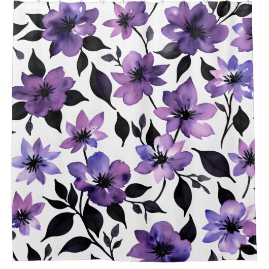 紫の白黒フローラ水彩 シャワーカーテン (正面)