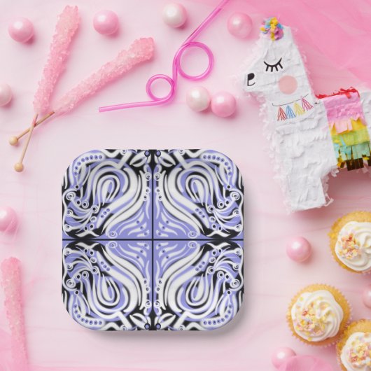 紫の白黒曲線抽象芸術パターン ペーパープレート (パーティー)