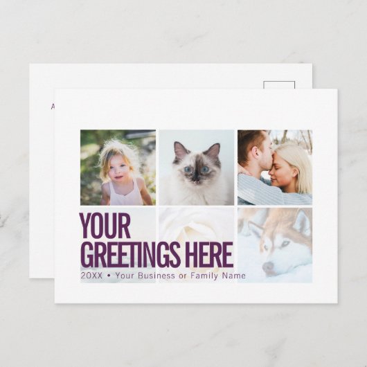 紫の白6枚の写真モダンユニバーサル挨拶 ポストカード (正面/裏面)