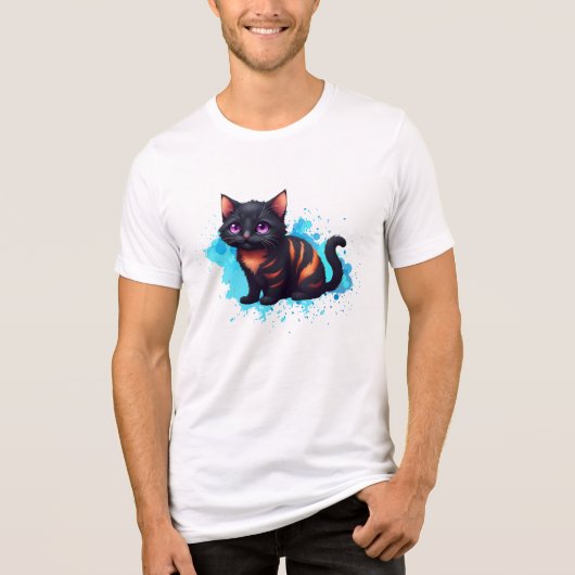 紫の目ストライプのを持つ黒オレンジ色の猫 トライブレンドTシャツ (正面)