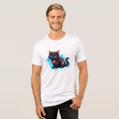 紫の目ストライプのを持つ黒オレンジ色の猫 トライブレンドTシャツ (正面全面)
