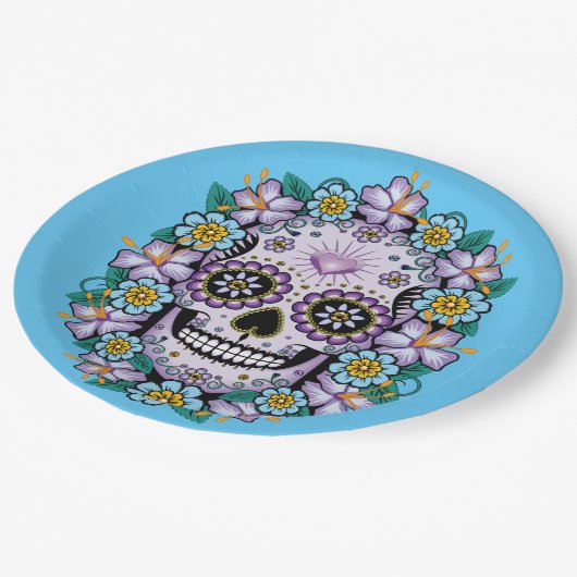 紫の砂糖スカルと花 ペーパープレート (アングル)