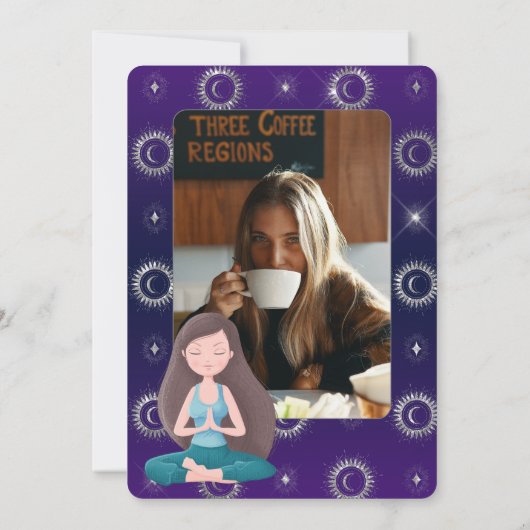 紫の神秘的な太陽と月瞑想誕生日 招待状 (裏面)