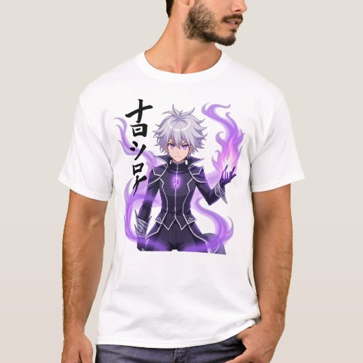 紫の神秘的な白髪のアニメ魔術師 Tシャツ (正面)