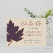 紫の秋のイロハカエデの葉の結婚式 Save The Date 箔招待状 (立ち正面)
