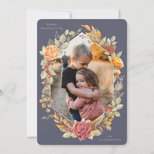 紫の秋の花模様感謝祭フォトカード シーズンカード (正面)