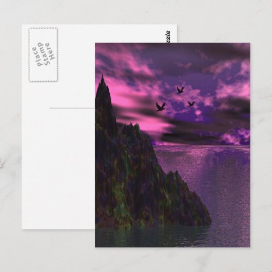 紫の空と鳥 3D ポストカード (正面/裏面)