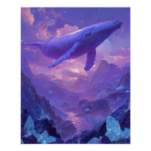 紫の空のクジラ ファンタジーな山の夢の風景 ポスター