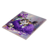 紫の糸と花の猫 タイル (側面)