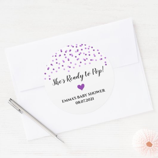 紫の紙吹雪ハートの準備ができているポップ・アートの ラウンドシール (封筒)