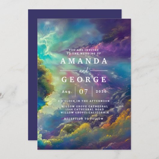 紫の素晴らしい雲の結婚式招待状 招待状 (正面/裏面)