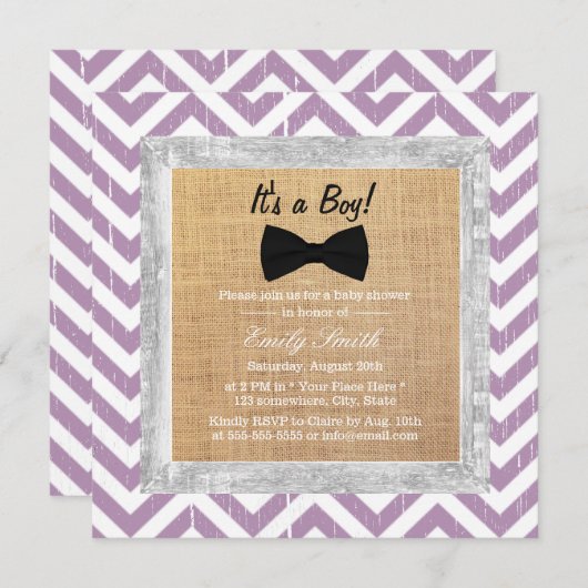 紫の素朴シェブロン蝶ネクタイ男の子の赤ちゃんシャワー 招待状 (正面/裏面)