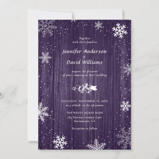 紫の素朴スノーフレーク冬の結婚式招待状 招待状 (正面)
