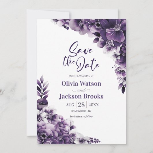 紫の素朴フローラ結婚式の日付を保存 招待状 (正面)