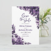 紫の素朴フローラ結婚式の日付を保存 招待状 (スタンド正面)