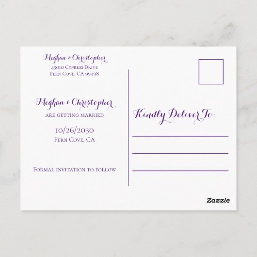 紫の素朴木のひまわり結婚式の日付を保存 ポストカード (裏面)