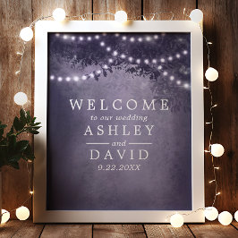 紫の素朴木の光結婚の歓迎サイン ポスター