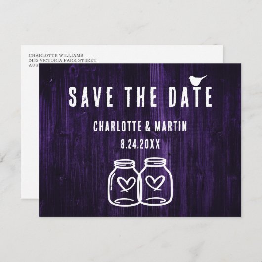 紫の素朴木婚式の日付はがき保存 案内ポストカード (正面/裏面)