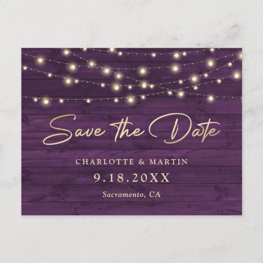 紫の素朴木弦のライト日付を保存 案内ポストカード (正面)